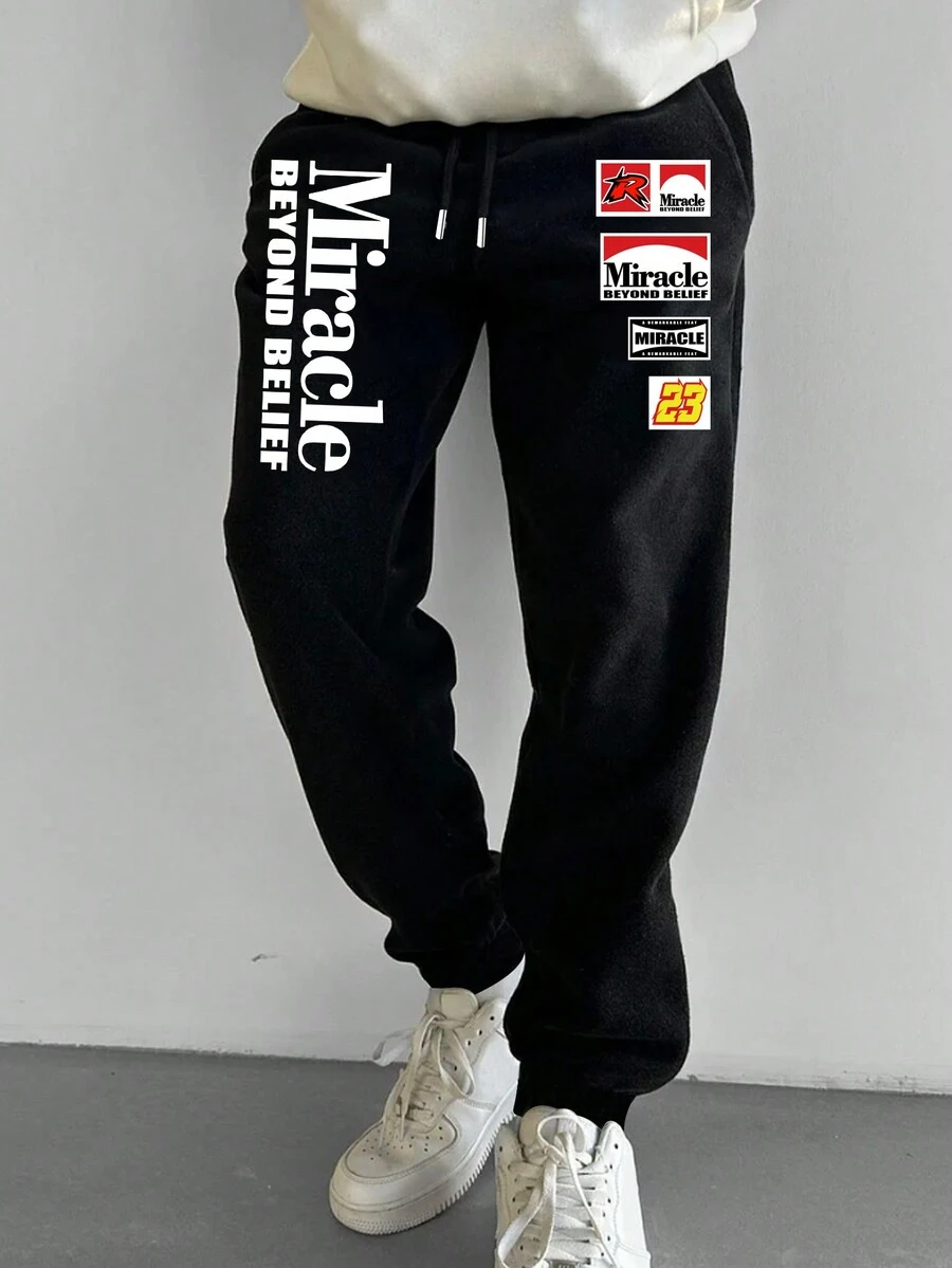 Manfinity Hypemode 男士大码字母圖案腰部抽繩衛褲 - 黑色 - 查看 1