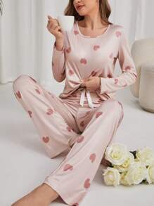 Conjunto de pijama con estampado de corazón (Camiseta y Pantalones), Ropa de otoño e invierno - Rosa Pálido - Ver 7