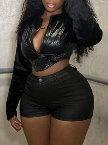 Slaydiva Asymmetrical Hem Contrast Patent Fuzzy Coat - Black - View 4