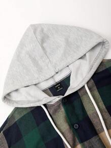 Manfinity Homme Men's Loose Fit Plaid Print Hooded Shirt Without Tee, Drawstring Detail - Green - View 4