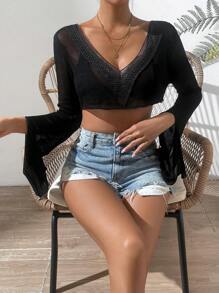 SHEIN Swim Contrast Trim Crop Cover Up Top Without Bra Summer - Black - View 6