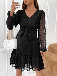 SHEIN 孕婦圓點燈籠袖荷葉邊繫腰帶洋裝 - 黑色 - 查看 4