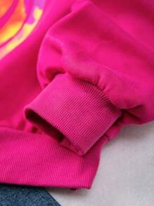 青少年女孩字母和卡通圖案落肩套頭衫 - 玫紅色 - 查看 4