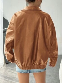 SHEIN EZwear 落肩袖拉鏈開襟PU皮革外套 - 棕色 - 查看 2