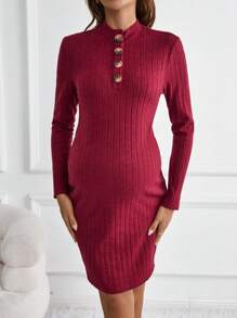SHEIN 孕婦四分之一按鈕緊身洋裝 - 酒紅色 - 查看 5