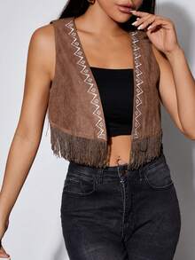 SHEIN PETITE Geo Embroidery Fringe Hem Vest Jacket - Brown - View 7