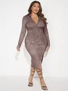 SHEIN SXY Hơn Cổ Lao Tách đùi Váy bodycon - Màu Khaki - Xem 1