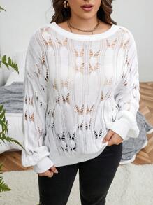 SHEIN CURVE+ 大碼網眼針織落肩袖套頭毛衣 - 白色 - 查看 5
