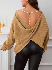 SHEIN SXY Hơn Đồ Trang trí ngọc trai Xoay lại Trở lại tay cánh Áo len - Lạc đà - Xem 4