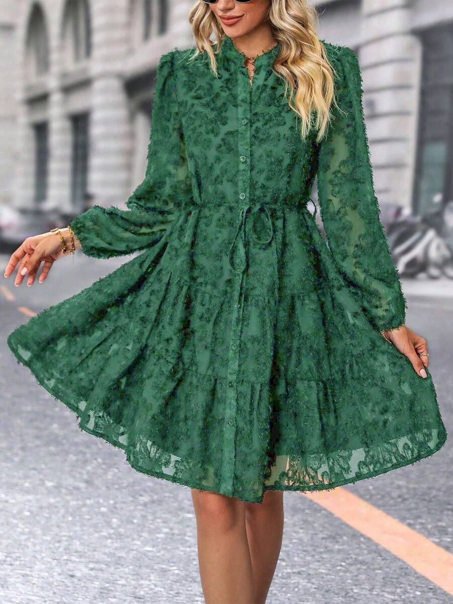 SHEIN LUNE Lantern Sleeve Ruffle Hem Belted Fuzzy Shirt Dress - Green - View 1