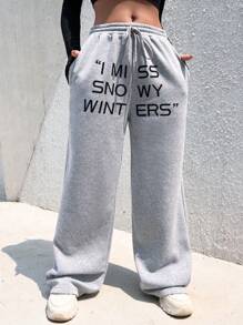 SHEIN Unity Slogan Graphic Drawstring Waist Sweatpants - Light Grey - View 4