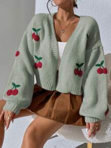 SHEIN Qutie 櫻桃圖案落肩袖開襟開衫 - 綠色 - 查看 4