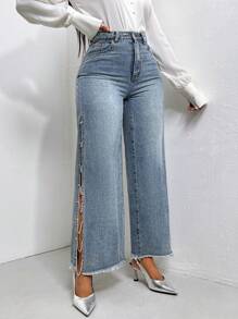 SHEIN Privé Rhinestone Split Thigh Raw Hem Wide Leg Jeans - Light Wash - View 4