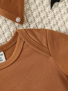 男嬰卡通圖案連身背心&3D耳朵設計帽 - 棕色 - 查看 6