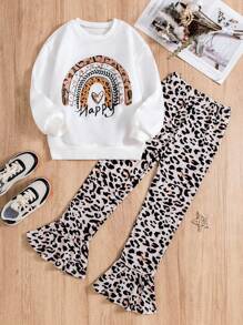 SHEIN 可愛荷葉邊豹紋 字母女童（大）兩件套 - 白色 - 查看 1