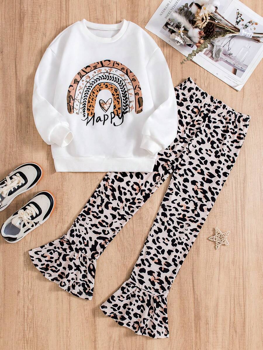 SHEIN 可愛荷葉邊豹紋 字母女童（大）兩件套 - 白色 - 查看 1