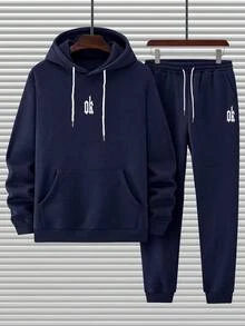Manfinity Homme Men Letter Graphic Kangaroo Pocket Drawstring Hoodie & Sweatpants - Royal Blue - View 4