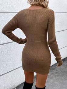 SHEIN Clasi Guipure Lace Panel Ribbed Knit Sweater Dress Without Belt - Brown - View 2