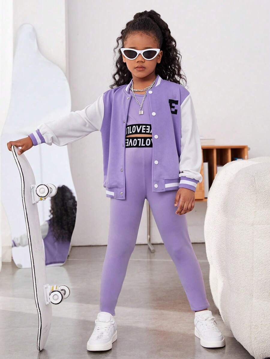 青少年女孩字母圖案條紋飾邊落肩袖飛行員夾克&緊身打底褲&背心上衣