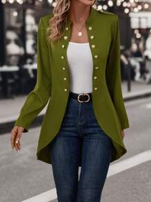 SHEIN LUNE Solid Open Front High Low Hem Coat - Green - View 4