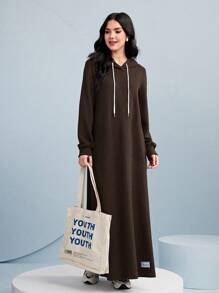 Mulvari Letter Patched Drawstring Hooded Sweatshirt Dress - Coffee Brown - View 1