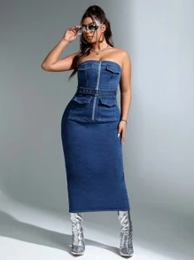 SHEIN ICON 大碼前拉鏈翻蓋口袋腰帶牛仔抹胸洋裝 - 藍色 - 查看 3