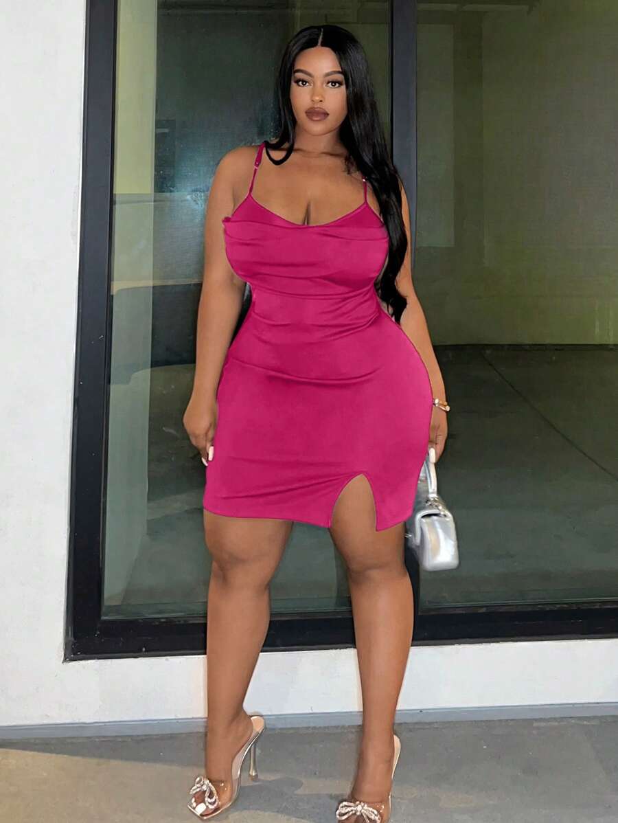 Slaydiva Hơn Viền chia cắt Váy Cami Bodycon - Màu Hồng Tươi - Xem 1