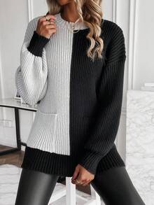 SHEIN Frenchy Two Tone Drop Shoulder Pocket Patched Sweater - Multicolor - View 2