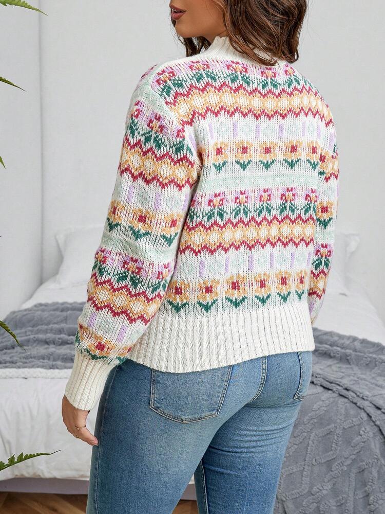 Plus Geo Pattern Drop Shoulder Sweater Knit Pullover Fall Winter Sweater