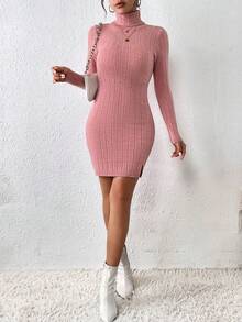 SHEIN Frenchy 高領下擺開叉緊身洋裝 - 西瓜粉 - 查看 6