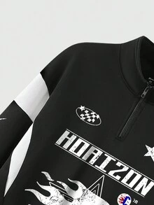 ROMWE MEN Prep 男士字母和火焰圖案半拉鏈運動衫 - 黑色 - 查看 3