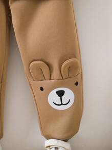 SHEIN 小男孩卡通图案插肩袖 3D 耳朵设计保暖衬里运动衫和运动裤熊睡衣棕色婴儿睡衣 - 棕色 - 查看 4