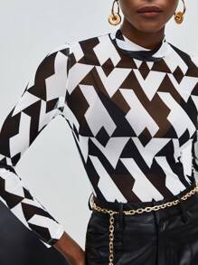 Maija Geo Print Mock Neck Mesh Top - Black and White - View 1
