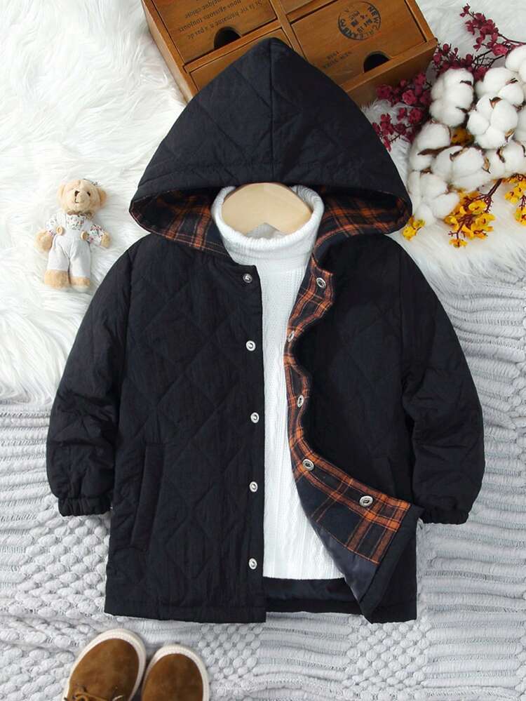 Boys' College Style Heather Hooded Thickened Coat, Solid Shoulder Design