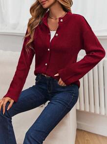 SHEIN LUNE 落肩袖前紐扣開襟衫 - 紅色 - 查看 1