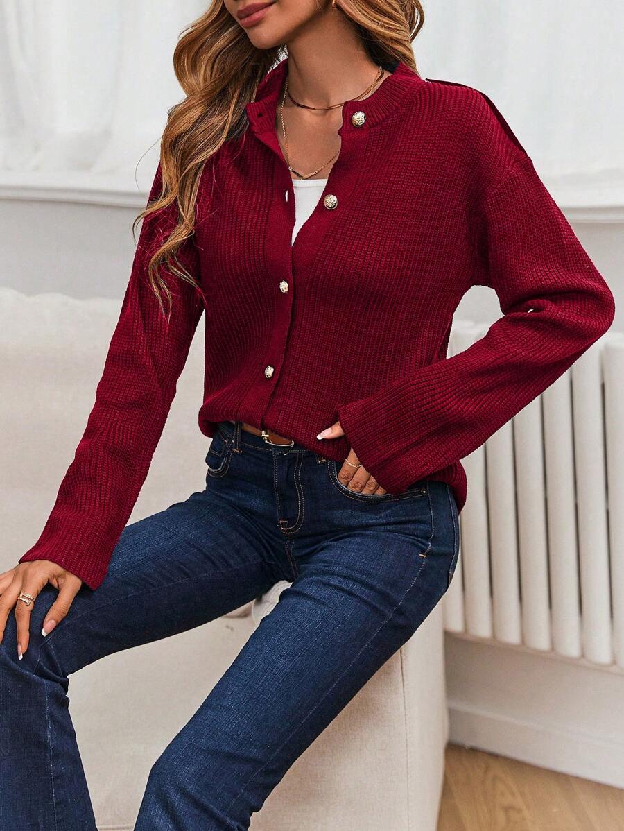 SHEIN LUNE 落肩袖前紐扣開襟衫 - 紅色 - 查看 1