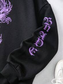 少女日文字母和中国龙图案落肩卫衣 - 黑色 - 查看 4