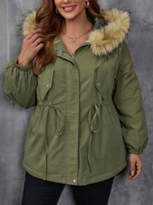 SHEIN LUNE Plus Drawstring Waist Fuzzy Trim Hooded Parka Coat - Army Green - View 4