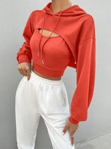 SHEIN Unity Thả vai Dây rút Vi mô Áo hoodie ngắn & Áo - Đỏ - Xem 6