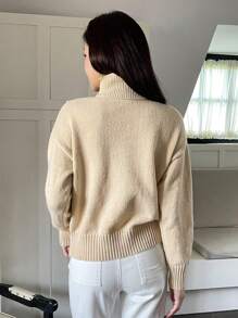 Chiquease Turtleneck Drop Shoulder Split Hem Knit Pullover Fall Winter Sweater - Apricot - View 2