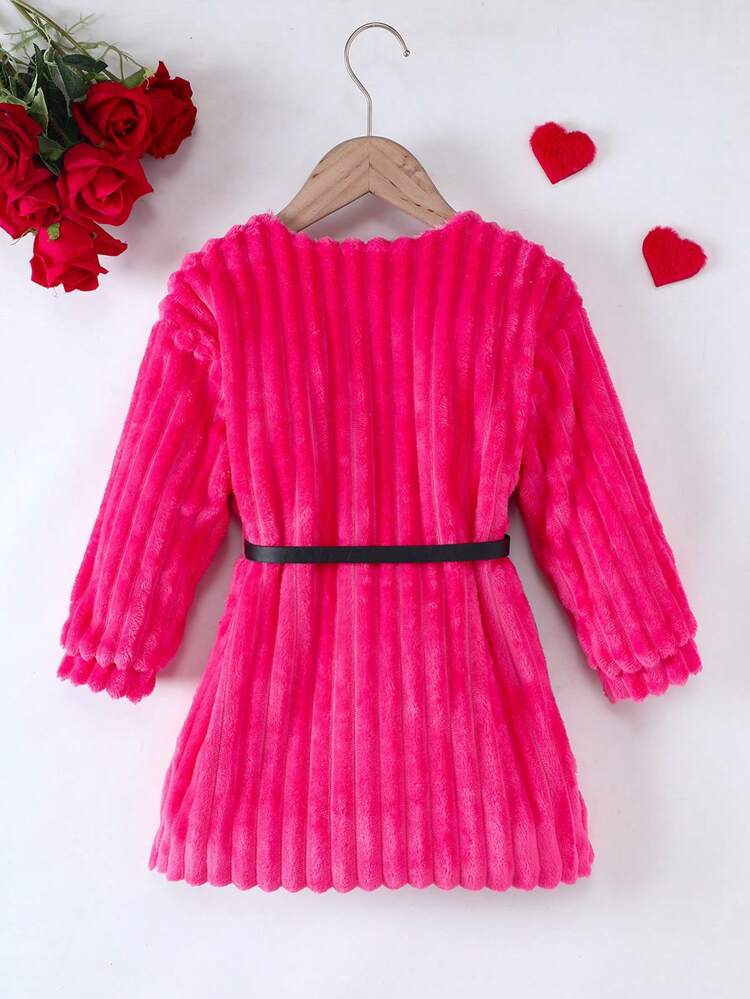 Young Girl Heart Pattern Pocket Belted Fleece Coat