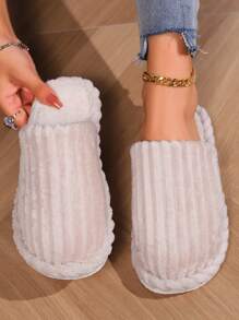 Ladies' Corduroy House Slippers In Beige Color, Winter, Non-Slip, Warm, Soft Plush Sole, Simple And Fashionable Style,Furry Shoes,Fluffy Slippers - Beige - View 3