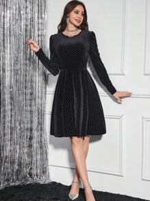 SHEIN Clasi Polka Dot Print Velvet Dress - Black - View 5