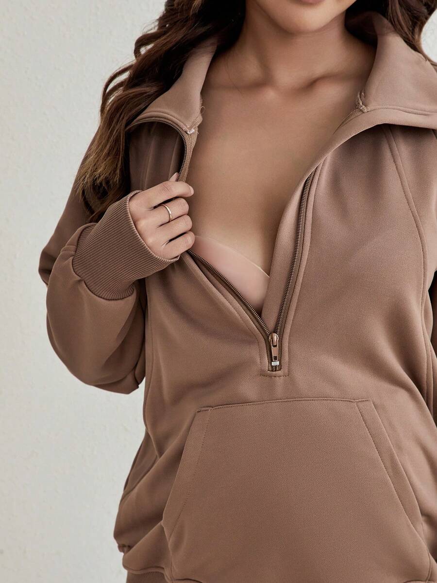 SHEIN 孕婦半拉鏈袋鼠口袋運動衫 - 棕色 - 查看 1