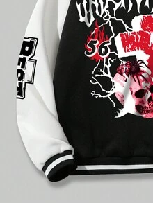 ROMWE MEN Street Life Hombre Chaqueta Universitaria Con Hombro Bajo, Gráfico De Carta, Ribete De Rayas - Blanco y Negro - Ver 6