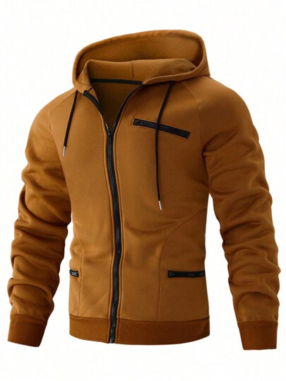 Manfinity Homme بلوزة رياضية مبطنة بالحرارة مع سحاب وسحاب للرجال، سادة، بأكمام طويلة، هودي مزود بسحاب، للخريف والشتاء