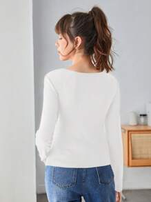 SHEIN Teen Girl Square Neck Solid Tee - White - View 2