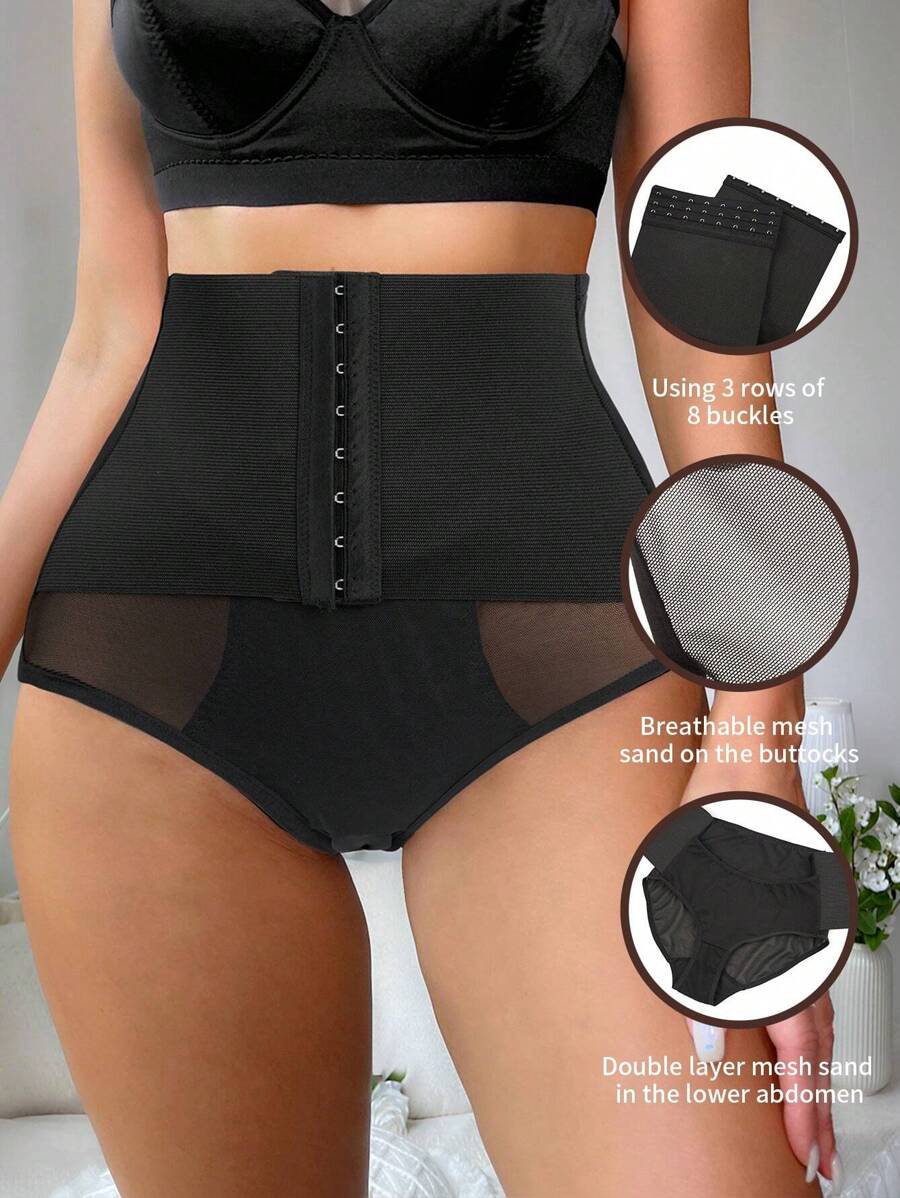 Contrast Mesh Hook And Eye Shapewear Panty - Black - View 1