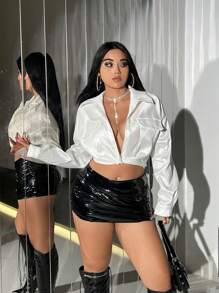 SHEIN ICON 大碼翻蓋口袋短款襯衫 - 白色 - 查看 5