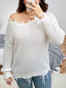 Calvaya Plus Drop Shoulder Distressed Trim Sweater Knit Pullover Fall Winter Sweater - White - View 5